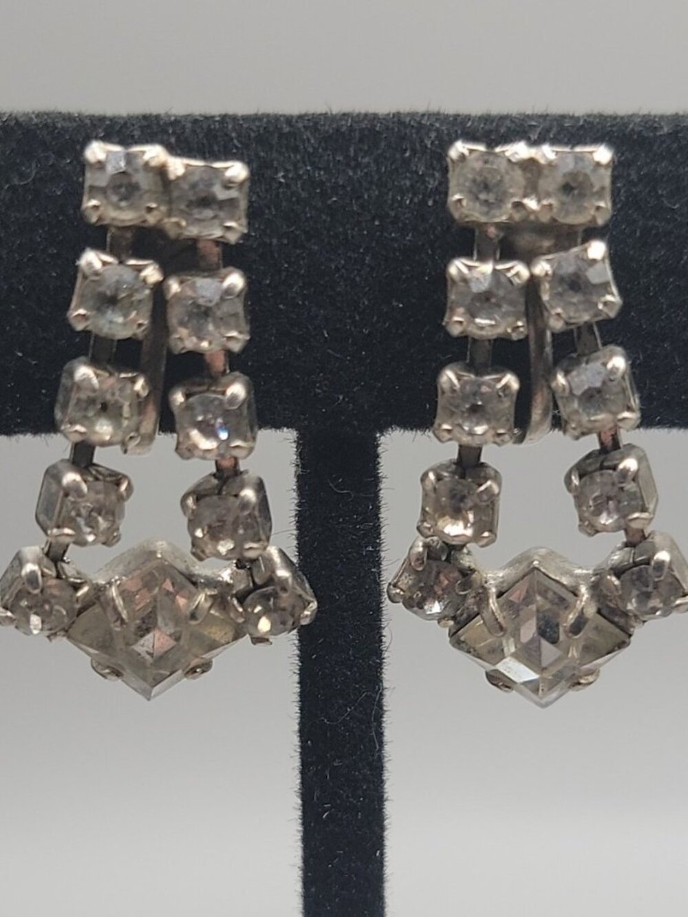 Vintage Diamante Dangle Screwback Earrings Clear Rhinestones Silver Tone
